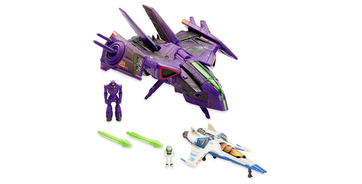 A playset featuring Zurg, his purple fighter ship, Buzz Lightyear, and his white XL-15 spaceship.