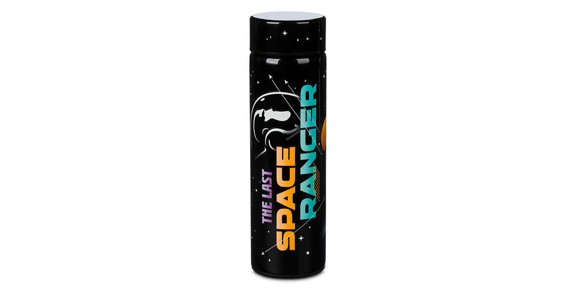 A black water bottle featuring the text, “The Last Space Ranger,” in purple, orange, and turquoise text along with a silhouette of Buzz Lightyear, all against a starfield pattern.