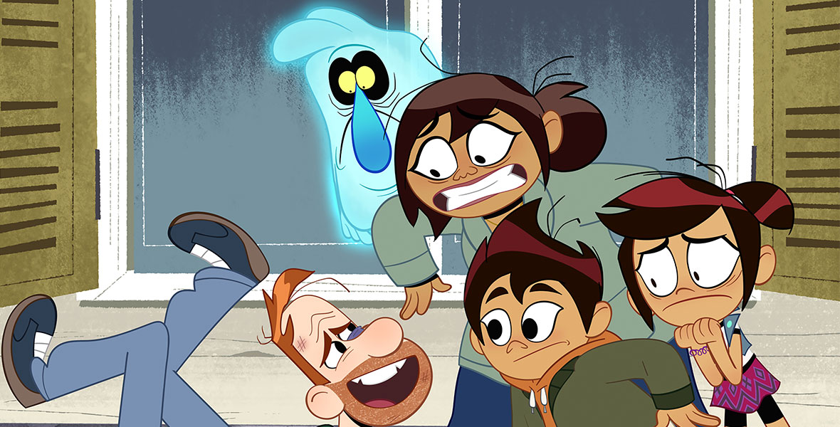 : A still from an episode of Disney Channel’s The Ghost and Molly McGee; four humans are in the foreground, and a blue-hued ghost is in the background. They’re standing in front of a window and shutters of a house.