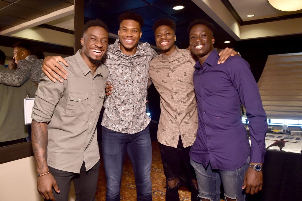 LOS ANGELES, CALIFORNIA - JUNE 21: (L-R) Thanasis Antetokounmpo, Giannis Antetokounmpo, Kostas Antetokounmpo and Alex Antetokounmpo attend the Rise press junket at The Hollywood Roosevelt in Los Angeles, California on June 21, 2022. (Photo by Alberto E. Rodriguez/Getty Images for Disney)