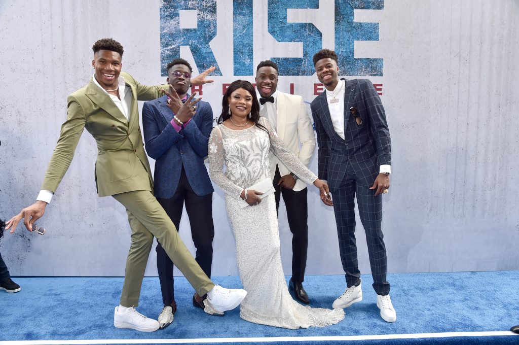 BURBANK, CALIFORNIA - JUNE 22: (L-R) Giannis Antetokounmpo, Alex Antetokounmpo, Veronica "Vera" Antetokounmpo, Thanasis Antetokounmpo and Kostas Antetokounmpo attend the world premiere of Rise at Walt Disney Studios in Burbank, California on June 22, 2022. (Photo by Alberto E. Rodriguez/Getty Images for Disney)