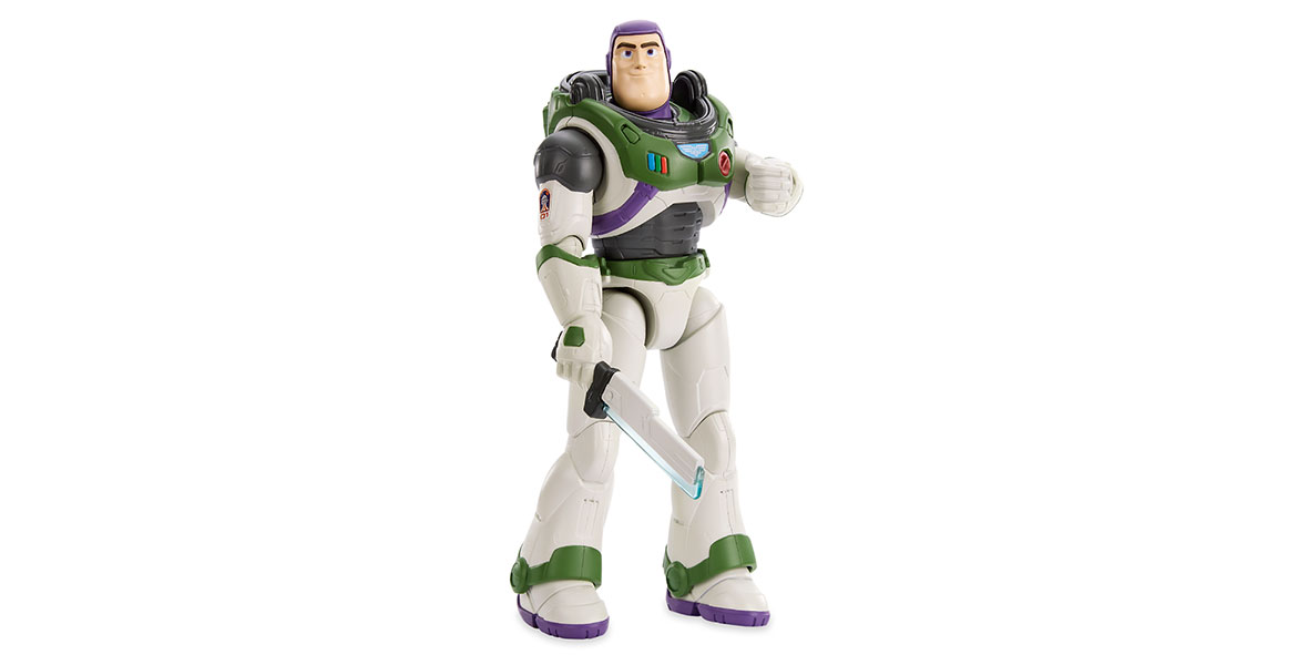 A posable Buzz Lightyear action figure (as he appears in the film Lightyear). He has one hand on his chest and the other at his side, holding a laser blade DX.