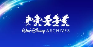 The Walt Disney Archives logo, which features 5 silhouettes of Mickey Mouse each drawing the next Mickey, along with text below them reading, "Walt Disney Archives." The logo is against a blue gradient background with light blue sparkles, lens flares, and light leak in the upper left and lower right corner.