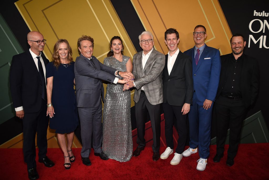 Left to right: Executive producer Jess Rosenthal, 20th Television president Karey Burke, Martin Short, Selena Gomez, Disney Legend Steve Martin, Hulu Originals & ABC Entertainment president Craig Erwich, executive producer John Hoffman, and executive Dan Fogelman at the premiere of Hulu’s Only Murders in the Building season 2.