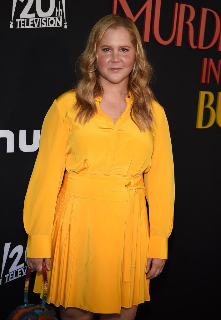 Amy Schumer on the red carpet at the premiere of Hulu’s Only Murders in the Building season 2. She’s wearing a yellow dress and is carrying a small purse. The logo for the show, as well as the 20th Century Television and Hulu logos, are seen behind her.