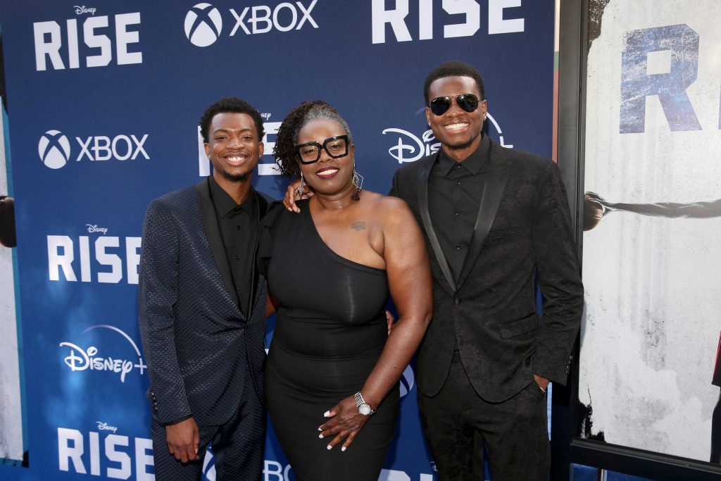 BURBANK, CALIFORNIA - JUNE 22: Ral Agada (L) and Uche Agada (R) attend the world premiere of Rise at Walt Disney Studios in Burbank, California on June 22, 2022. (Photo by Jesse Grant/Getty Images for Disney)