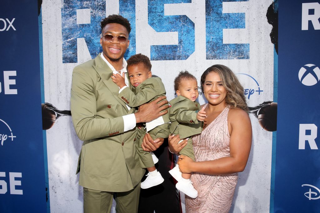 BURBANK, CALIFORNIA - JUNE 22: (L-R) Giannis Antetokounmpo, Mariah Riddlesprigger, and family attend the world premiere of Rise at Walt Disney Studios in Burbank, California on June 22, 2022. (Photo by Jesse Grant/Getty Images for Disney)