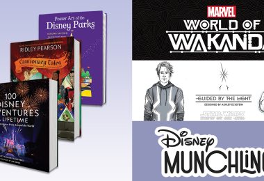 On the left are three books from Disney publishing in a cascade from right to left. Image features “Poster Art of Disney Parks”, “Cautionary Tales”, and “100 Disney Adventures of a Lifetime.” On the right are the logo title treatments for three collections debuting at D23 Expo 2022. On top is the Marvel World of Wakanda logo. In the middle is the concept art for Ashley Eckstein’s “Guided by the Light” Star Wars collection inspired by Ahsoka Tang. And on the bottom is the text logo for Disney Munchlings collection.