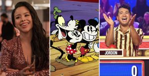 Cierra Ramirez from Freeform’s Good Trouble smiles while wearing a sparkly gold dress at the launch party for the FCG app., Goofy, Minnie, Mickey, Donald, and Daisy huddle together smiling while standing on a wooden plank in The Wonderful Summer of Mickey Mouse., A Press Your Luck contestant claps excitedly.
