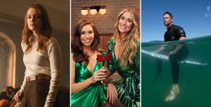 Actress Jessica Sutton wears a tan turtleneck and olive-colored pants while standing in a dimly lit room in Freeform’s Motherland: Fort Salem., Actress Jessica Sutton wears a tan turtleneck and olive-colored pants while standing in a dimly lit room in Freeform’s Motherland: Fort Salem. Season 19 leads of ABC’s The Bachelorette, Gabby Windey (left) and Rachel Recchia (right), pose next to each other in a diner booth while wearing bright green dresses. A milkshake and fries are on the table behind them. Actor Chris Hemsworth straddles a surfboard in the middle of the ocean in the special Shark Beach with Chris Hemsworth.