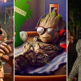 Left: Alisha Hawthorne (voiced by Uzo Aduba), Buzz Lightyear’s long-time commander and trusted friend, wears her white, purple, and green Space Ranger suit and points with her right hand. Center: Baby Groot (voiced by Vin Diesel) reclines against an upright cassette player, with his right leg crossed over his left and his arms resting behind his head. He is wearing black sunglasses and headphones and smiling. Right: She-Hulk (played by Tatiana Maslany) walks the red carpet wearing a silver dress.