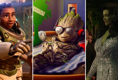 Left: Alisha Hawthorne (voiced by Uzo Aduba), Buzz Lightyear’s long-time commander and trusted friend, wears her white, purple, and green Space Ranger suit and points with her right hand. Center: Baby Groot (voiced by Vin Diesel) reclines against an upright cassette player, with his right leg crossed over his left and his arms resting behind his head. He is wearing black sunglasses and headphones and smiling. Right: She-Hulk (played by Tatiana Maslany) walks the red carpet wearing a silver dress.