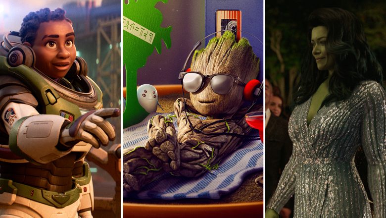 Left: Alisha Hawthorne (voiced by Uzo Aduba), Buzz Lightyear’s long-time commander and trusted friend, wears her white, purple, and green Space Ranger suit and points with her right hand. Center: Baby Groot (voiced by Vin Diesel) reclines against an upright cassette player, with his right leg crossed over his left and his arms resting behind his head. He is wearing black sunglasses and headphones and smiling. Right: She-Hulk (played by Tatiana Maslany) walks the red carpet wearing a silver dress.