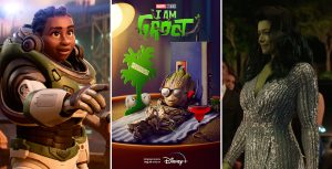 Left: Alisha Hawthorne (voiced by Uzo Aduba), Buzz Lightyear’s long-time commander and trusted friend, wears her white, purple, and green Space Ranger suit and points with her right hand. Center: Baby Groot (voiced by Vin Diesel) reclines against an upright cassette player, with his right leg crossed over his left and his arms resting behind his head. He is wearing black sunglasses and headphones and smiling. Right: She-Hulk (played by Tatiana Maslany) walks the red carpet wearing a silver dress.