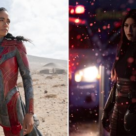 Actress Lauren Ridloff (left) plays Makkari in Marvel Studios’ Eternals. She wears a red and gray suit, etched with gold symbols, and her hair is in a loose braid. She is standing in the desert on a sunny day and looking to her left. Native people are seen faintly in the background. Actress Alaqua Cox (right) plays Maya Lopez in Marvel Studios’ Hawkeye. Amid snowfall at night, she stands in the street wearing black leather pants, black leather gloves, and a black shirt. She is holding her motorcycle helmet in her left hand and staring at someone out of frame. In the background, a police car’s roof lights are illuminated.