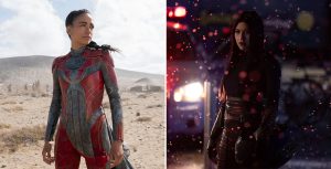 Actress Lauren Ridloff (left) plays Makkari in Marvel Studios’ Eternals. She wears a red and gray suit, etched with gold symbols, and her hair is in a loose braid. She is standing in the desert on a sunny day and looking to her left. Native people are seen faintly in the background. Actress Alaqua Cox (right) plays Maya Lopez in Marvel Studios’ Hawkeye. Amid snowfall at night, she stands in the street wearing black leather pants, black leather gloves, and a black shirt. She is holding her motorcycle helmet in her left hand and staring at someone out of frame. In the background, a police car’s roof lights are illuminated.