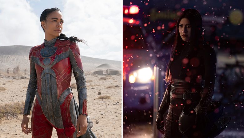 Actress Lauren Ridloff (left) plays Makkari in Marvel Studios’ Eternals. She wears a red and gray suit, etched with gold symbols, and her hair is in a loose braid. She is standing in the desert on a sunny day and looking to her left. Native people are seen faintly in the background. Actress Alaqua Cox (right) plays Maya Lopez in Marvel Studios’ Hawkeye. Amid snowfall at night, she stands in the street wearing black leather pants, black leather gloves, and a black shirt. She is holding her motorcycle helmet in her left hand and staring at someone out of frame. In the background, a police car’s roof lights are illuminated.