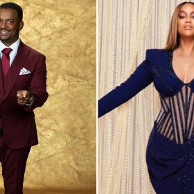 New Dancing with the Stars co-host Alfonso Ribeiro is standing against a gold background, wearing a burgundy suit and pointing towards the camera; returning host Tyra Banks is standing up against a white pleated curtain, with her arms outstretched, and is wearing a long-sleeved dark blue dress with a corset-style embellishment at the waist and sequins throughout.