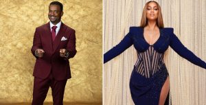 New Dancing with the Stars co-host Alfonso Ribeiro is standing against a gold background, wearing a burgundy suit and pointing towards the camera; returning host Tyra Banks is standing up against a white pleated curtain, with her arms outstretched, and is wearing a long-sleeved dark blue dress with a corset-style embellishment at the waist and sequins throughout.