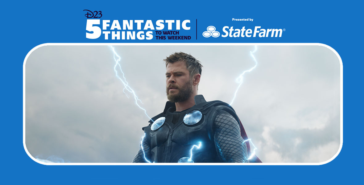 Chris Hemsworth as Thor looks down at the supercharged Mjolnir as thunderbolts radiate from his body in Marvel Studios&rsquo; Avengers: Endgame.