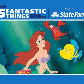 A young red-haired mermaid and yellow and blue flounder look adoringly at a red crab while all three swim underwater.