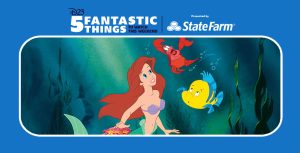 A young red-haired mermaid and yellow and blue flounder look adoringly at a red crab while all three swim underwater.