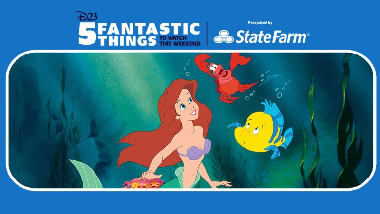 A young red-haired mermaid and yellow and blue flounder look adoringly at a red crab while all three swim underwater.