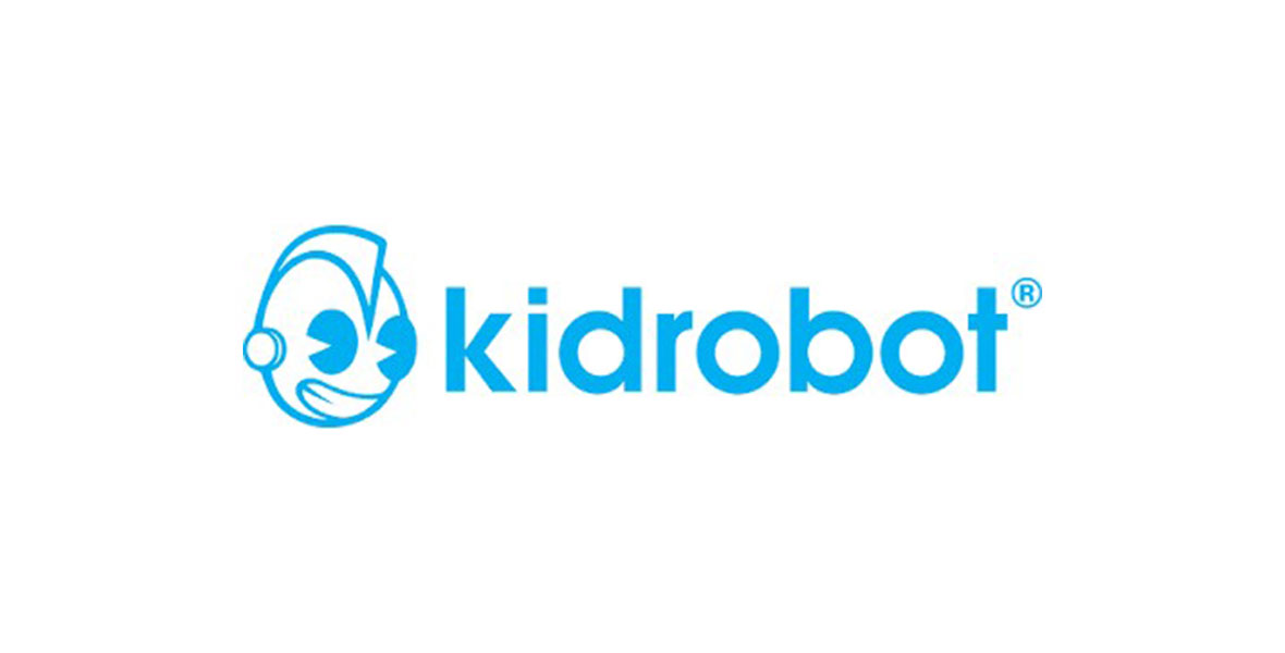 The logo for the company Kidrobot, which features a blue cartoon drawing of a pie-eyed robot next to the name “kidrobot” in a blue, sans serif font