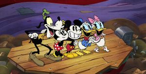 (Left to right) Goofy, Minnie Mouse, Mickey Mouse, Donald Duck, and Daisy stand together in a line on a wooden dock.