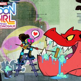 In a promotional image from Marvel’s Moon Girl and Devil Dinosaur, Moon Girl is wearing pink-lensed goggles, a yellow tunic, red gloves, and black boots, and is using a broom to brush the gigantic teeth of Devil Dinosaur, a large red dinosaur with yellow eyes. She’s standing on a ladder, and behind them is a brick wall covered in art and graffiti. The logo for the show is in the upper left corner of the image.