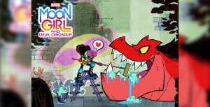 In a promotional image from Marvel’s Moon Girl and Devil Dinosaur, Moon Girl is wearing pink-lensed goggles, a yellow tunic, red gloves, and black boots, and is using a broom to brush the gigantic teeth of Devil Dinosaur, a large red dinosaur with yellow eyes. She’s standing on a ladder, and behind them is a brick wall covered in art and graffiti. The logo for the show is in the upper left corner of the image.