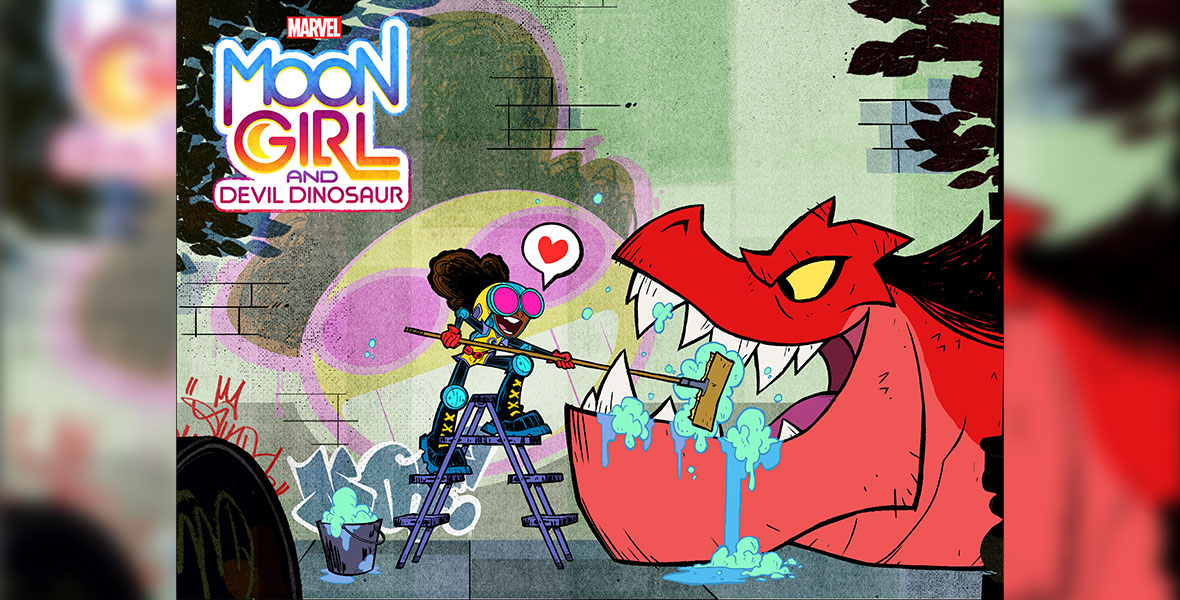 In a promotional image from Marvel&rsquo;s Moon Girl and Devil Dinosaur, Moon Girl is wearing pink-lensed goggles, a yellow tunic, red gloves, and black boots, and is using a broom to brush the gigantic teeth of Devil Dinosaur, a large red dinosaur with yellow eyes. She&rsquo;s standing on a ladder, and behind them is a brick wall covered in art and graffiti. The logo for the show is in the upper left corner of the image.