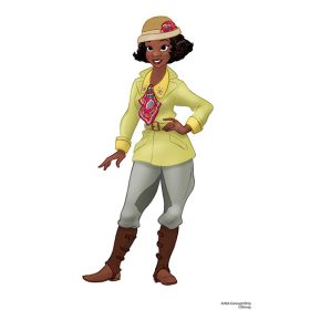 This illustration reveals a new look for Princess Tiana in Tiana’s Bayou Adventure. Tiana wears a yellow shirt (with embroidered florals) underneath a belted, military-inspired jacket; a patterned scarf; saffron green pants; brown gaiters; and a straw cloche hat.