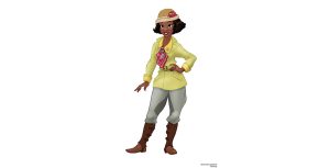 This illustration reveals a new look for Princess Tiana in Tiana’s Bayou Adventure. Tiana wears a yellow shirt (with embroidered florals) underneath a belted, military-inspired jacket; a patterned scarf; saffron green pants; brown gaiters; and a straw cloche hat.