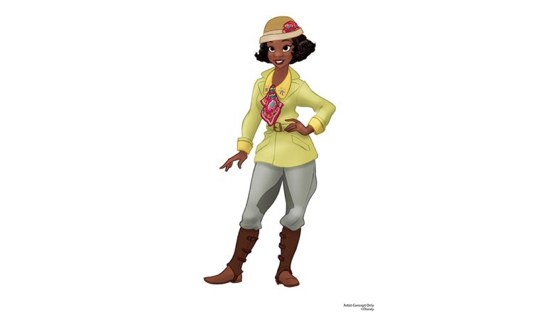 This illustration reveals a new look for Princess Tiana in Tiana’s Bayou Adventure. Tiana wears a yellow shirt (with embroidered florals) underneath a belted, military-inspired jacket; a patterned scarf; saffron green pants; brown gaiters; and a straw cloche hat.