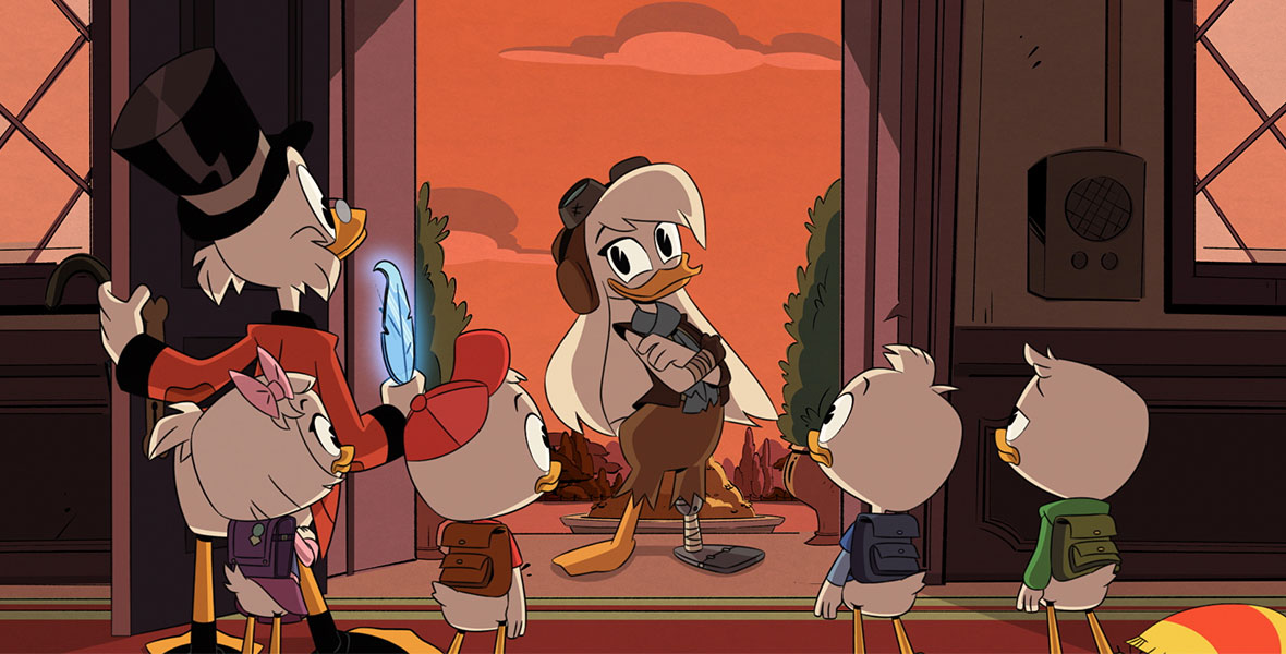 Della Duck, in aviator gear, including flight goggles resting atop her head, stands in the open doorway of as her three duckling sons, and Scrooge McDuck in his usual attire of black top hat and rounded glasses, and a girl duckling greet her with apprehensive expressions on their faces. Her right leg is a prosthetic. 
