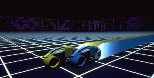An image from the original 1982 TRON featuring two light cycles racing on the grid. One is yellow and slightly ahead of a blue light cycle next to it.