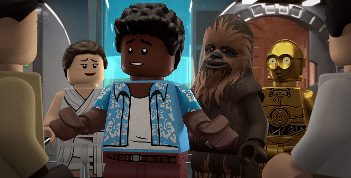 In the foreground, Finn is wearing brown pants and a white and blue printed Hawaiian shirt over a white undershirt. His hands are outstretched as he leads a group discussion. In the background are Rey, Chewbacca, and C-3PO.
