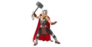 An action figure of Mighty Thor, Jane Foster&rsquo;s version of Thor as seen in the film Thor: Love and Thunder. She wears a silver winged helmet with a mask, black and silver armor, and a red cape. She wields the hammer Mjolnir in her right hand as she poses ready for action.