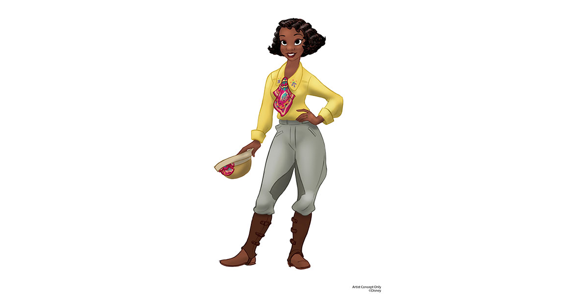 This illustration reveals a new look for Princess Tiana in Tiana’s Bayou Adventure. Tiana wears a yellow shirt (with embroidered florals), a patterned scarf, saffron green pants, and brown gaiters. She stands with her left hand on her hip (flashing her wedding ring), and in her right hand, she is holding her straw cloche hat.