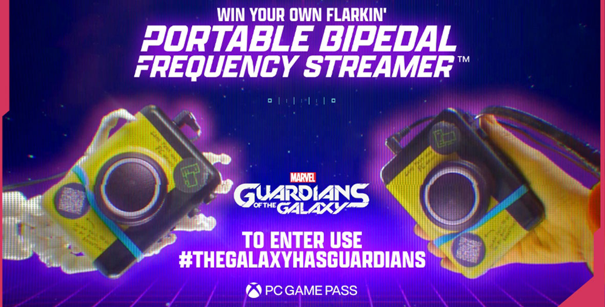 In the center of the image, there is white text that reads, “Win Your Own Flarkin’ Portable Bipedal Frequency Streamer.” Beneath the text, on the left is a skeleton hand holding a yellow and black device and on the right there is a yellow hand holding the same device. Between the two hands there is additional text reading, “To Enter use #TheGalaxyHasGuardians.”