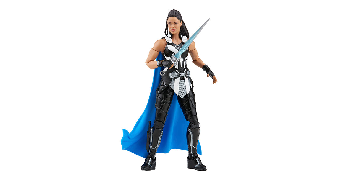 An action figure of King Valkyrie from Thor: Love and Thunder. She wears black and silver armor and a blue cape. She is posed ready for action, wielding her sword, Dragonfang.