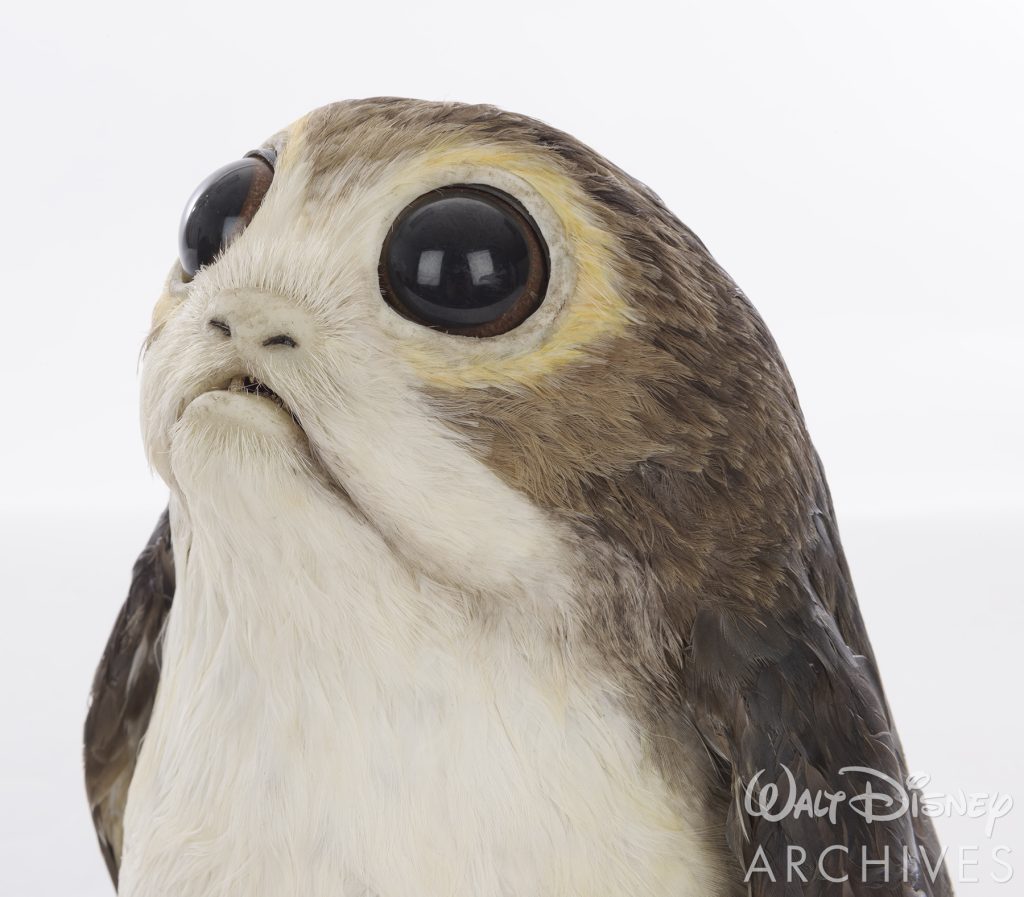 Close-up of animatronic female porg with completed featherwork.