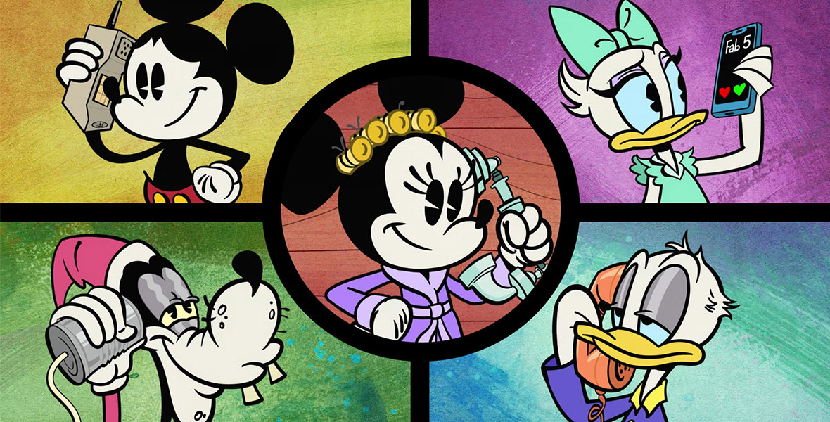 (Clockwise) Mickey Mouse, Daisy Duck, Donald Duck, and Goofy each hold phones with bright bold colors behind them. Minnie Mouse is in the center, also holding a phone.