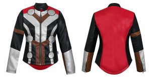 A faux leather jacket designed to appear like Thor’s classic armor: Silver and black with a red accent across the back of the jacket to represent a cape.