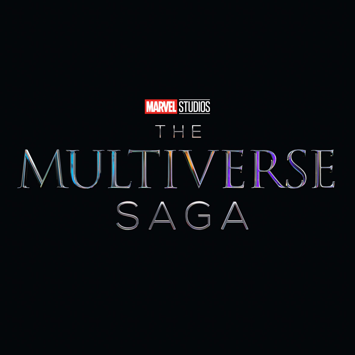 Logo image for Marvel Studios The Multiverse Saga. It is plain text against a black background. The words “The Multiverse Saga” are written in a silver, iridescent font that shows a spectrum of colors.