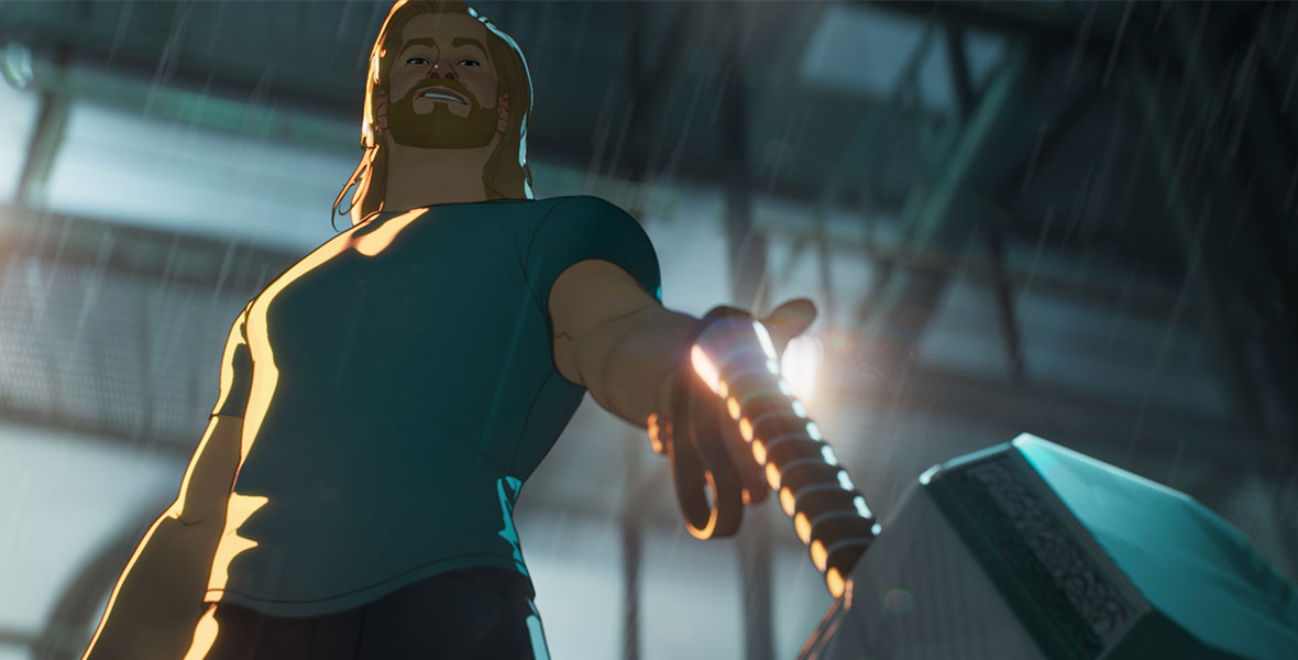 The animated version of Thor reaches down in a blue t-shirt with his left hand to reunite with his hammer.