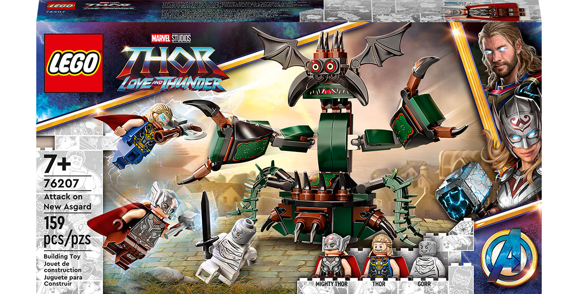 A LEGO box set featuring Thor and Mighty Thor flying and summoning lightening to fight Gorr, who is holding a sword, and a buildable LEGO ShadowMonster.