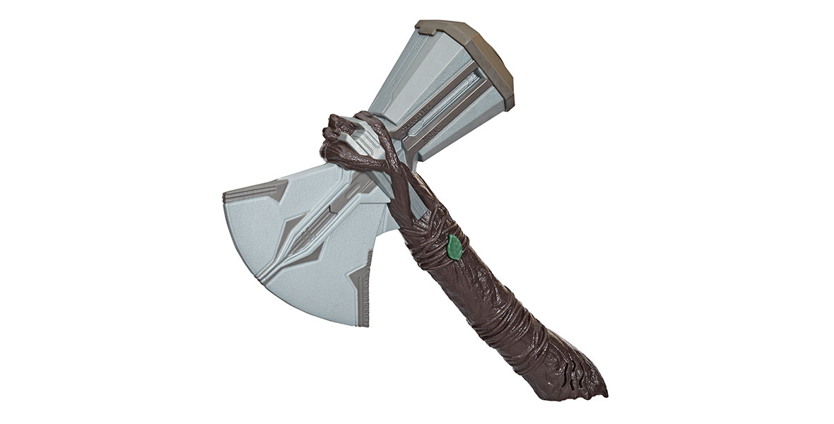 A toy version of the axe Stormbreaker, an axe with a silver blade and a handle made from one of Groot’s tree branches.