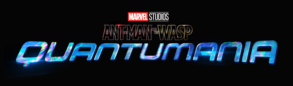Logo image for Ant-Man and The Wasp: Quantumania. Against a black background, “Ant-Man’ is highlighted in red and “The Wasp” is highlighted in yellow. Below, the word “Quantumania” is written in a blue iridescent font.